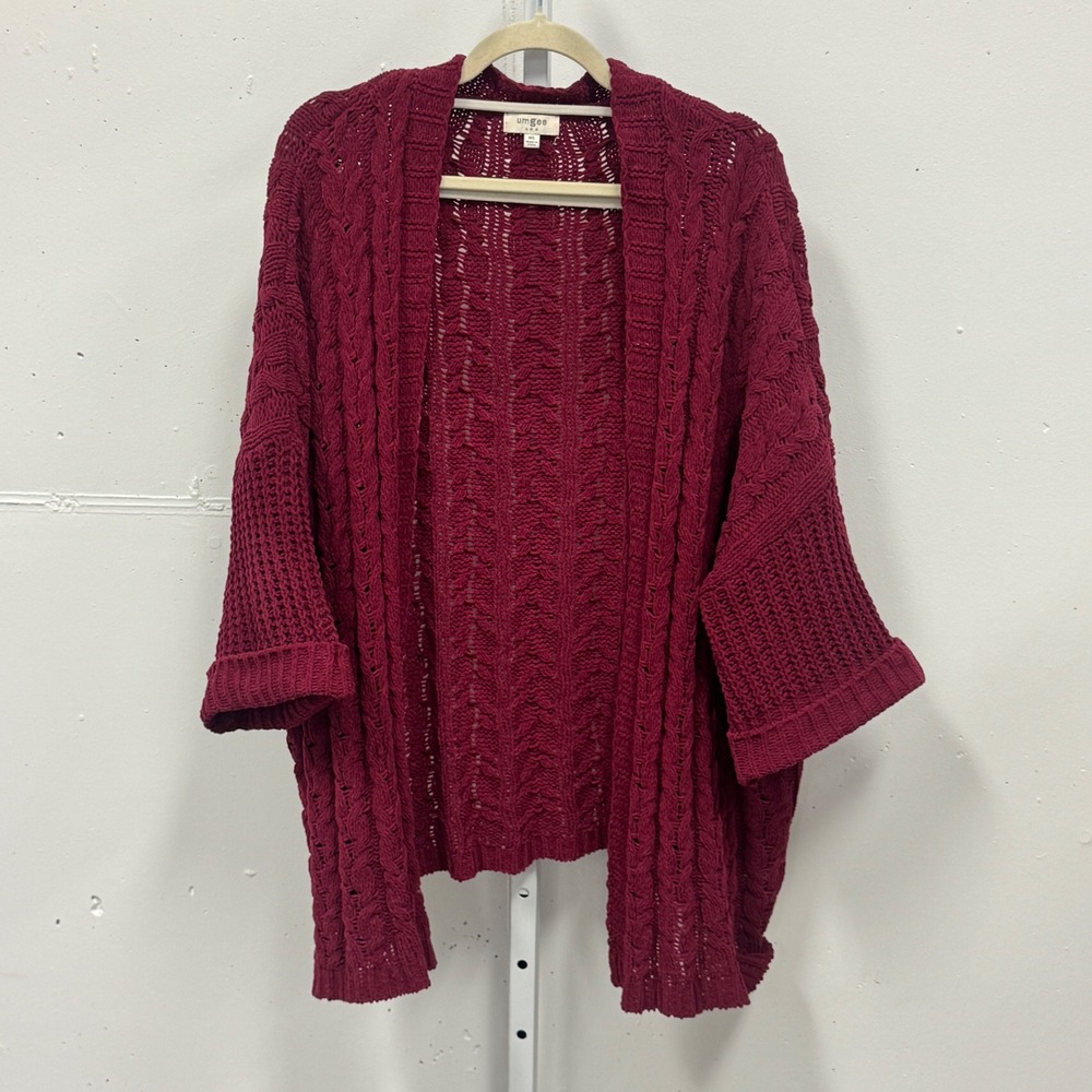 Umgee USA Burgundy Cable Open Front Chunky Knit Cardigan Oversized M/L Boho
